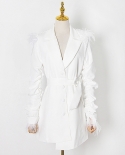 Womens Versatile Pleated Ostrich Feather Decoration Irregular Lapel Sheath Suit Dress