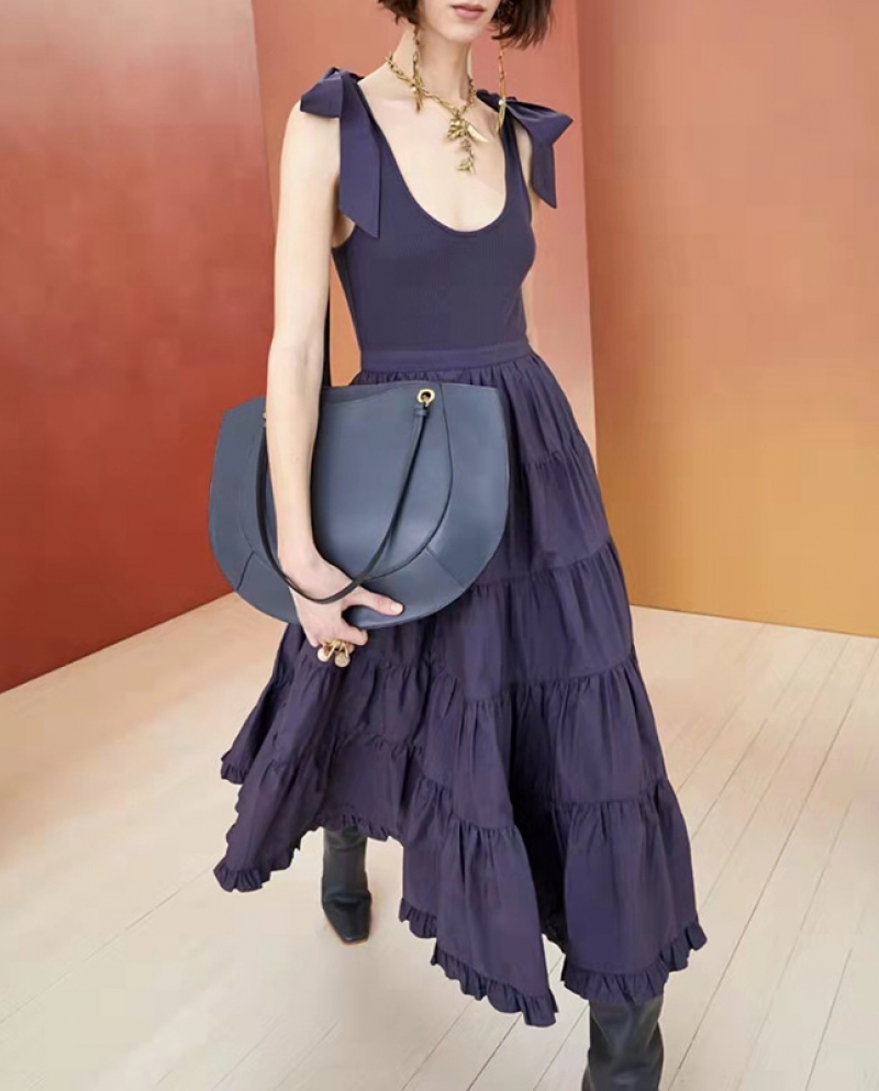Womens Solid Color Fashion Rosette High Waist Swing Midi Dress