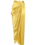 Womens Elegant Graceful Solid Color Pleated High Waist Slit Srregular Wrap-hip Long Skirt