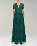 Womens Retro Palace Style Fashion V-neck Short Sleeved Lace Hollow Blouson Dress