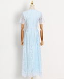 Womens Retro Palace Style Fashion V-neck Short Sleeved Lace Hollow Blouson Dress