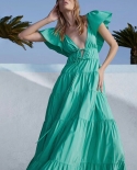Womens Fresh Holiday Style Ruffled V-neck High Waist A-Line Dress