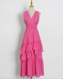 Womens  Solid Color V-Neck High Waist Long Irregular Layered Dress