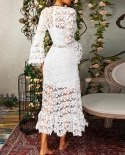 Womens Solid Color Lace Long Sleeve V-neck Crochet Hollow Swing Bodycon Dress
