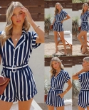 Womens Summer Blue And White Striped Short-sleeved Lapel Casual Jumpsuit