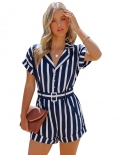 Womens Summer Blue And White Striped Short-sleeved Lapel Casual Jumpsuit
