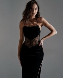 Vestido negro con abertura de costura sin espalda de encaje elegante de nueva moda para mujer