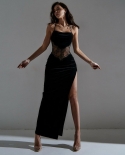 Womens New Fashion Graceful Lace Backless Stitching Slit Black Dress