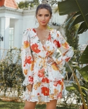 Womens Vacation Style Chiffon Long Sleeve Romantic Deep V Dress