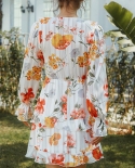 Womens Vacation Style Chiffon Long Sleeve Romantic Deep V Dress
