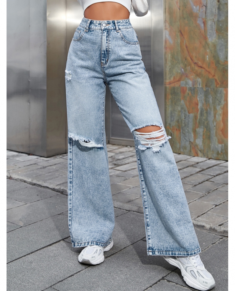 21,85 US$-Ropa de mujer Pantalones de pierna ancha de cintura alta rasgados de  moda Pantalones de mezclilla casuales-Description
