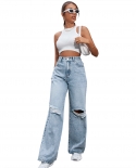 Womens Clothing Fashion Ripped High-waisted Wide-leg Pants Casual Denim Trousers