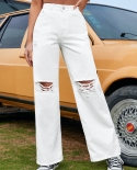 Womens Clothing Fashion Ripped High-waisted Wide-leg Pants Casual Denim Trousers