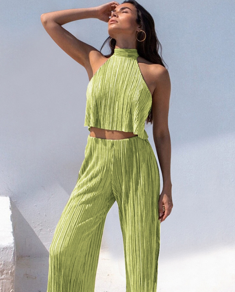 Womens Vest Halter Neck Sleeveless Backless Temperament Trousers Slits Pleated Casual Suits