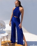 Womens Vest Halter Neck Sleeveless Backless Temperament Trousers Slits Pleated Casual Suits