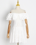 Women Autumn Waistless Embroidery Hollowed-out Waist Slimming Short Dress