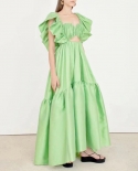 Green Fresh Solid Color Holiday Style Long Dress Autumn Square Collar Flying Sleeves Lace-up Backless Dress Women