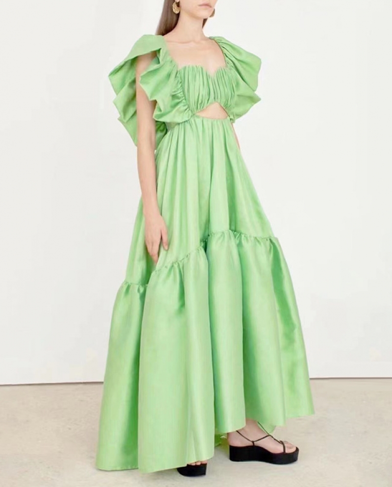 Green Fresh Solid Color Holiday Style Long Dress Autumn Square Collar Flying Sleeves Lace-up Backless Dress Women