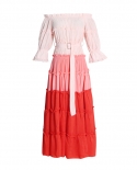 Holiday Style Pink Long Skirt Autumn New One-shoulder Contrast Color Stitching Cascading Gradient Ruffle Skirt
