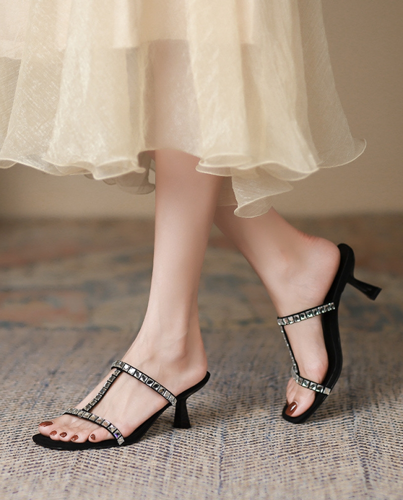 Rhinestone Word With High-heeled Sandals Summer New Square Head Womens Sandals Simple Stiletto High-heeled