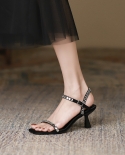 Rhinestone Buckle Sandals Womens Summer Commuter Stiletto Square Toe High Heels