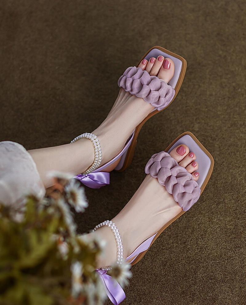 Female Summer Square Head One-word Pearl Lace-up Sandals Flat Bottom Shoes
