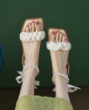 Female Summer Square Head One-word Pearl Lace-up Sandals Flat Bottom Shoes