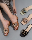 Fashion Snakeskin Square Buckle Thick Heel High-heeled Sandals And Slippers Comfortable Leisure