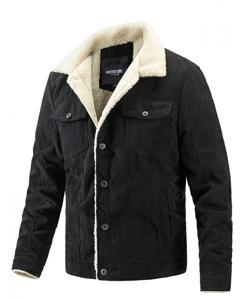 Mens Corduroy Fleece Fashion Casual Lapel Zip Jacket