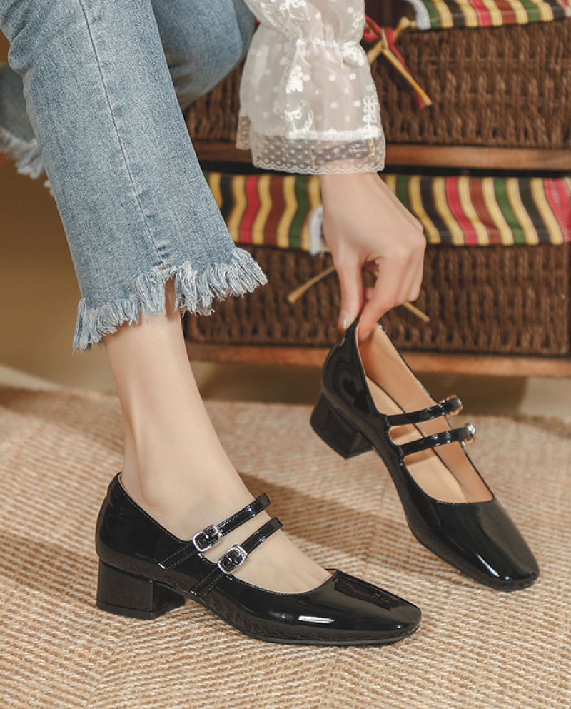 College Style Square Head Soft Leather Comfortable Thick Heel Flat Heel Mary Jane Womens Shoes