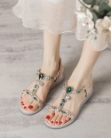 New Summer Sandals Wedge Heel Rhinestone Beach Fashion Roman Flat Womens Shoes