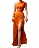 Evening Party Dresses For Women Vestidos Orange High Waist Long Skirt Sleeveless Solid Slanted Shoulder Y2k Womens Forma