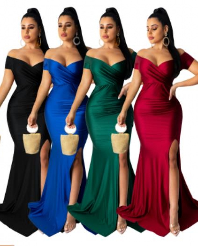 Womens  Dress Nightclub V Neck Solid Slit Long Skirts Fashion Elegant Vestidos Short Sleeves Evening Party Women Dresse