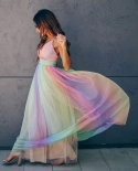 Summer Dress For Women Vneck Backless Party Club Vestido Mesh Rainbow Floorlength Camisole Dresses Traf Clothes Robe Fem
