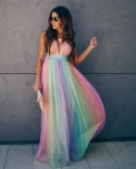 Summer Dress For Women Vneck Backless Party Club Vestido Mesh Rainbow Floorlength Camisole Dresses Traf Clothes Robe Fem