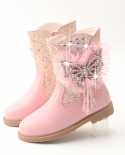 Girls Boots New Princess Boots Round Toe Plus Velvet Bow Leather Boots