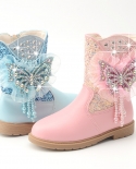 Girls Boots New Princess Boots Round Toe Plus Velvet Bow Leather Boots