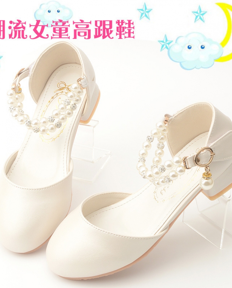 Nuevo Flash Diamond Pearl Girls Zapatos de princesa de tacón alto Zapatos de cuero