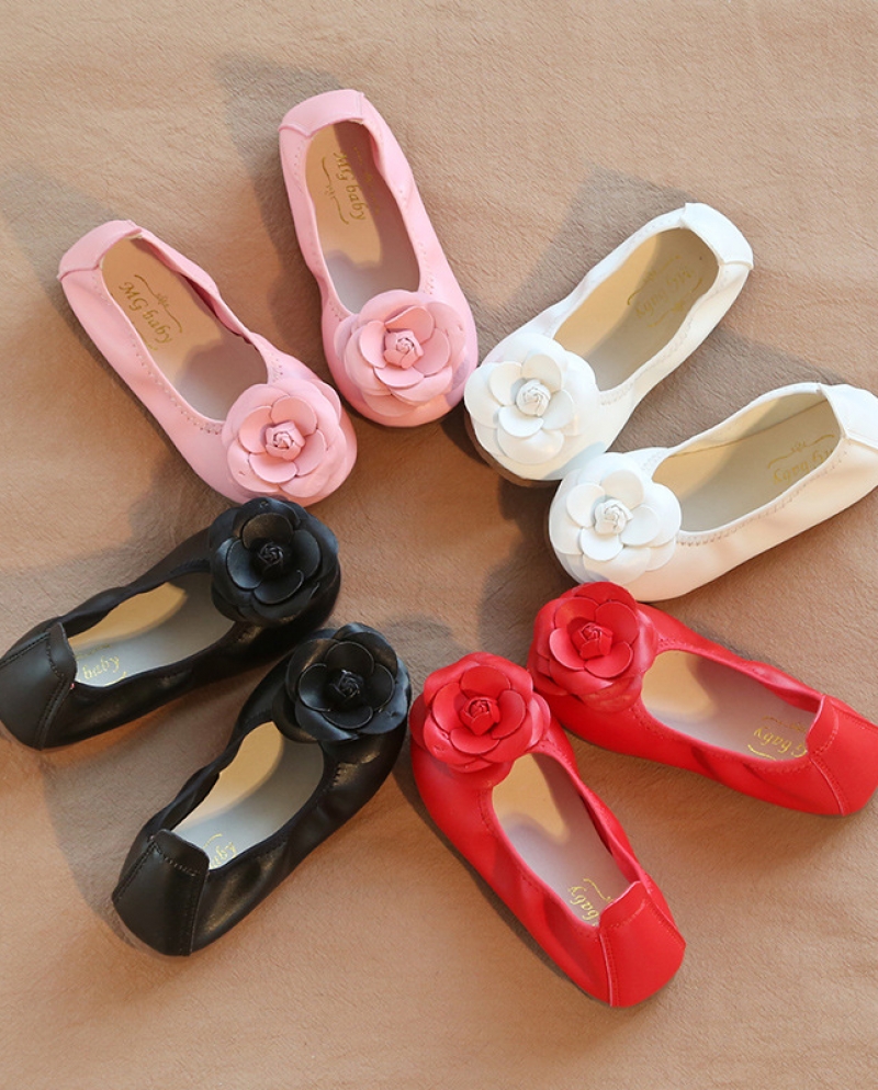 Spring Childrens Leather Shoes Cute Girls Pink Flower Soft Sole Casual Shoes