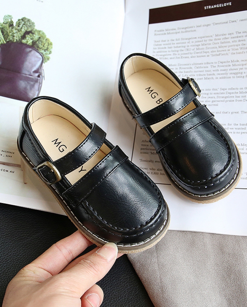 Zapatos de cuero para niñas lindas de estilo británico Zapatos planos negros casuales para niños
