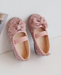 Zapatos de princesa con punta redonda para niñas, zapatos casuales de suela suave con lazo poco profundo y lentejuelas para niño