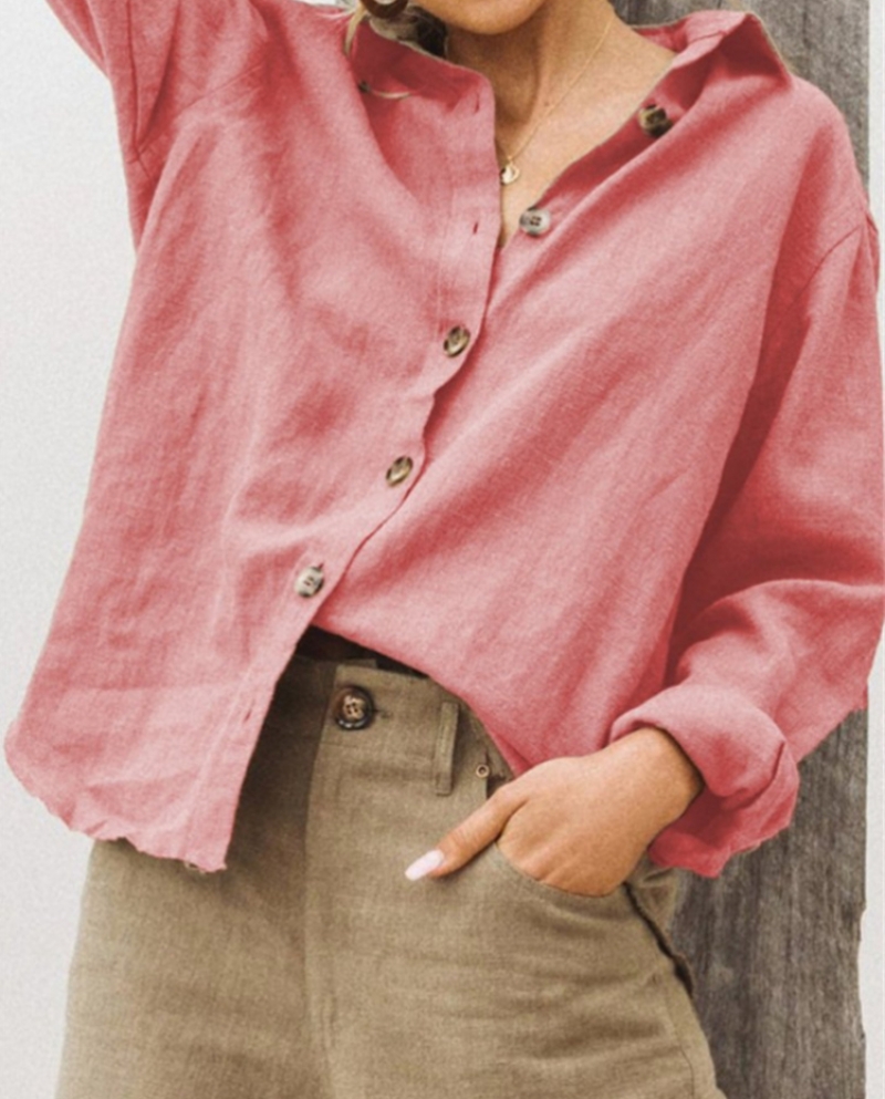 25 89 US Camisa de lino y algodon con botones lisos a la moda blusas holgadas de gran tamano con solapa para mujer blusas de oficina pa Description