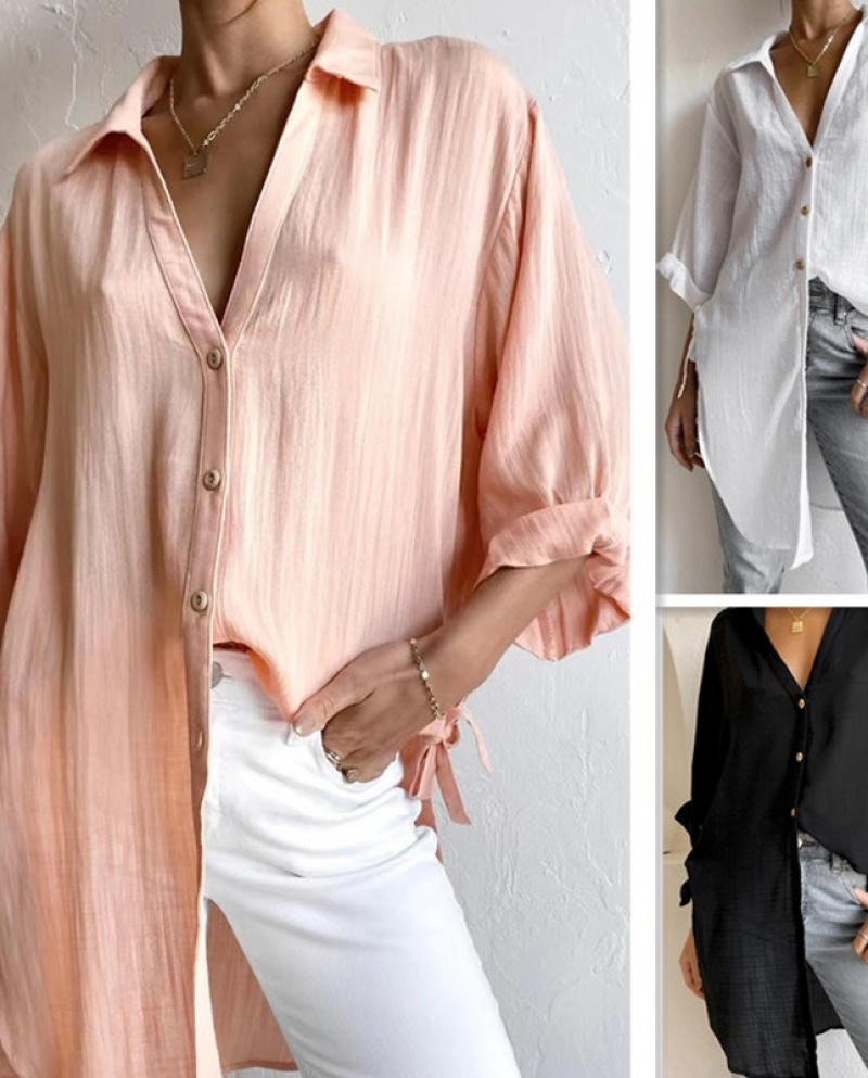 US 31.48 Fashion Casual 34 Sleeve Cotton Linen Shirt Women Side