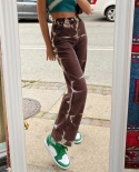 גינס קזואל ישר לנשים קשירה חדשה מכנסיים גינס רופפים מכנסיים מותניים גבוהים מכנסיים רחוב בגדי רחוב harajuku aesthe