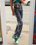 Calça jeans feminina casual casual reta nova tie-dye calças jeans soltas cintura alta calças largas calças streetwear Harajuku A