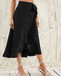 Tossy Women Solid Folds Irregular Bodycon  Skirt Female High Waist Bandage Ruffles Long Skirts French Style Outwears Sum