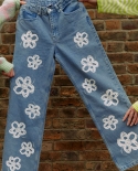 Tossy Graffiti Design Ripped Stacked Jeans Patchwork Femme Baggy Grey Pantalones de pierna recta Pantalones casuales de cintura 