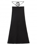 Retro Cross Bandage High Waist Bright Satin Skirt Women Zipper Waist Mid Long A Line Skirts Femme  Black Colorskirts