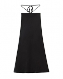 Retro Cross Bandage High Waist Bright Satin Skirt Women Zipper Waist Mid Long A Line Skirts Femme  Black Colorskirts