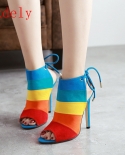  Hot Women Sandals Bandage Flock Cross Strap Lace Up High Heels 10cm Sandal Femme Fashion Mixed Colors Summer Sandals Sh